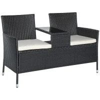 Outsunny Banc de Jardin en Rotin Synthétique Canapé de Jardin Banquette avec Table 2 Places en Acier Noir L133 x P63 x H84cm(m-6)