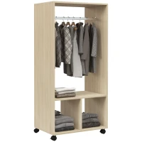 HOMCOM Schrank mit Regal 2 Fächer Kleiderstange 4 schwenkbare Rollen Maße 60L x 40B x 128H cm Naturholz(m-6)