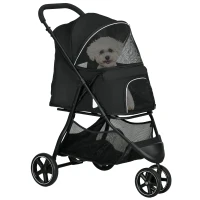 PawHut Hundebuggy Katzenbuggy Haustierkinderwagen zusammenklappbar 2 Leinen EVA-Räder verstellbarer Griff Korb 83 x 55 x 101 cm schwarz(m-6)
