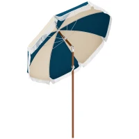 Outsunny Runder neigbarer Sonnenschirm Ø 213 cm mit Fransen Polyester hoher Dichte UV-beständig abnehmbarer Mast, Vintage Blau und Beige(m-6)