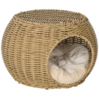 PawHut Katzenhaus Katzenkorb Katzenhöhle 2 Etagen aus geflochtener Kunstharz-Rattanoptik mit 1 weichem Kissen Ø 40 x 30 cm Hellbraun(m-6)