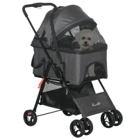 PawHut Hundekinderwagen 3-in-1 klappbarer Transportkorb mit abnehmbarem Griff Kissen 76 x 51 x 100 cm Grau(m-6)