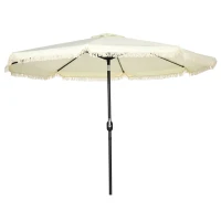 Outsunny Schrägbarer runder Sonnenschirm Ø 268 cm mit Fransen aus hochdichtem Polyester 180 g/m² Sonnenschutz Creme(m-1)