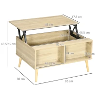HOMCOM Rechteckiger Couchtisch Wohnzimmertisch klappbares Tablett 2 Fächer Truhe aus Holzmaßen 85L x 60B x 59,5H cm helle Holzoptik(m-3)