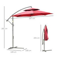 Outsunny Sonnenschirm mit seitlichem Mast, Doppeldach, neigbar, mit Kurbel, inkl. Kreuzfuß aus Stahl und Polyester Ø 2,67 x 2,65H m Rot(m-3)