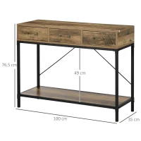 HOMCOM Konsolentisch Eingangstisch Industriedesign 3 Schubladen 1 Tischplatte mit Holzoptik 100 x 35 x 76,5 cm Hellbraun Schwarz(m-3)