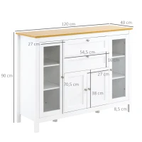HOMCOM Buffet Esszimmer mit 2 Glastüren 120 x 40 x 90 cm Höhenverstellbare Regale 2 Schubladen 1 Schrank Naturholz und Weiß(m-3)