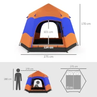 Outsunny Tente Quick-Up Double Paroi Tente Familiale de Camping Pop-Up pour 4 à 6 Personnes 4 Saisons étanche avec Sac de Transport Moustiquaire 2 Portes Polyester + Fibre de Verre Orange + Bleu 275 x 275 x 170 cm(m-3)