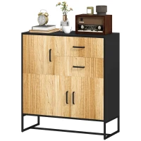 HOMCOM Bufet Modern de  Depozitare cu 3 Dulapuri și 2 Sertare din Pal Melaminat și Oțel, 80x35x88 cm, Lemn Natural(m-10)
