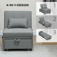 HOMCOM 3-in-1 Opklapbare Fauteuil met Zijvak, Gastenbed met Kussen, Verstelbare Rugleuning, Slaapstoel met Wielen, Lichtgrijs(m-6)