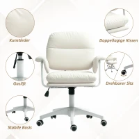 HOMCOM In hoogte verstelbare bureaustoel met zacht kussen en kunstleer bekleding, flexibele wielen en kantelfunctie, Wit(m-5)