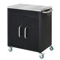 HOMCOM Black Metal Kitchen Island on Wheels, Rolling Trolley Catr with Stainless Top and Hooks(m-10)