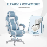 HOMCOM Silla Gamer Reclinable con Altura Ajustable Reposapiés Retráctil Soporte Lumbar y Reposacabezas Desmontable Azul(m-6)
