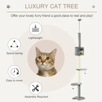 PawHut Floor to Ceiling Cat Tree for Indoor Cats, Kitten Tower, Condo, Multi-Layer Activity Center, Indoor Pet Play House with Solid Scratching Post Hanging Balls, Light Grey(m-4)