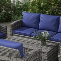 Outsunny 6 Pieces Rattan Garden Furniture Set, 7 Seater Wicker Outdoor Furniture Set with Storage Tea Table & Side Table, Sectional Garden Sofa Set with Cushions, Navy Blue(m-7)
