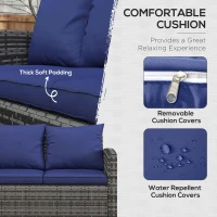 Outsunny 6 Pieces Rattan Garden Furniture Set, 7 Seater Wicker Outdoor Furniture Set with Storage Tea Table & Side Table, Sectional Garden Sofa Set with Cushions, Navy Blue(m-5)