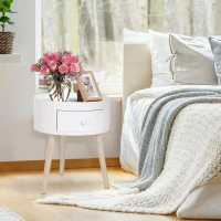 HOMCOM Masa de Salon Moderna cu Sertar in Lemn, Alb, Ф38x45cm(m-10)