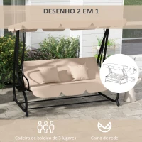 Outsunny Banco Baloiço de Jardim com 3 Lugares 2 em 1 com Toldo Ajustável Bandejas Laterais e Almofadas p 200x120x164 cm Bege(m-4)