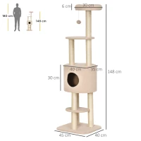 PawHut Arranhador para Gatos Altura 148 cm Arranhador para Gatos com Postes de Sisal 3 Plataformas Casa e Bola Suspensa Bege(m-3)