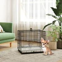 PawHut Gaiola para Cães Dobrável com Almofada com 2 Portas Alça de Transporte Bandeja Removível 60x40x50 cm Preto e Bege(m-2)