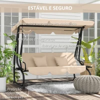 Outsunny Banco Baloiço de Jardim com 3 Lugares 2 em 1 com Toldo Ajustável Bandejas Laterais e Almofadas p 200x120x164 cm Bege(m-6)