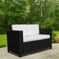 Outsunny Rattan Sofa, 2 Seater Garden Furniture with Soft Padded Cushion and Armrests, Wicker Garden Loveseat for Patio, Black(m-2)