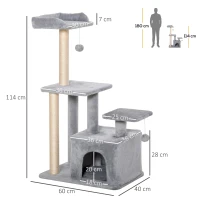 PawHut Arranhador para Gatos Altura 114 cm com Postes de Sisal 3 Plataformas Caverna e 2 Bolas Suspensas Cinza Claro(m-3)