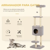 PawHut Arranhador para Gatos Altura 148 cm Arranhador para Gatos com Postes de Sisal 3 Plataformas Casa e Bola Suspensa Cinza(m-4)