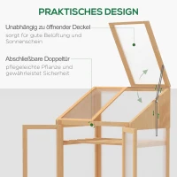 Outsunny Mini-kas, Klein Kas met Houten Frame, Vensters en Dubbele Deur, 3 Planken, 70L x 50B x 120H cm, Bruin(m-6)