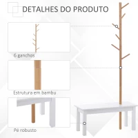 HOMCOM Cabide de Pé com Banco Pendurador Tipo Árvore Moderno 6 Ganchos para Pendurar Roupa Malas Corredor Entrada Bambu e MDF 80x30x180cm(m-6)