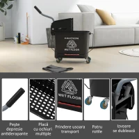 HOMCOM Cărucior Profesional pentru Curățenie cu Găleată pentru Mop de 20L, 60x27x70,5 cm, Negru(m-8)