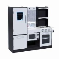 HOMCOM Cozinha de Brinquedo Infantil Cozinha de Madeira para Crianças com Acessórios Cozinha para Crianças com Forno Micro-Ondas Lavatório 105x31,5x95 cm Cinza e Preto(m-10)