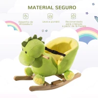 HOMCOM Cavalo de Baloiço em Forma de Dinossauro de Pélucia para Bebés 18-36 Meses com Sons Cinto de Segurança Guiador e Apoio para os Pés 60x33x45cm Verde(m-5)