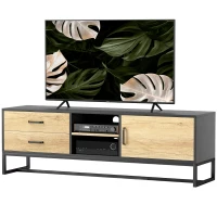 HOMCOM Mobilier pentru TV de 60" cu Dulăpior, 2 Sertare și Rafturi Deschise Reglabile, 140x35x45 cm, Lemn Natural(m-10)