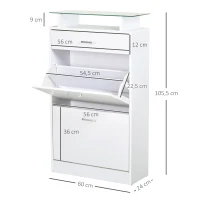 HOMCOM Móvel Sapateira de 2 Portas Sapateira Estreito para 12 Pares de Sapatos com Gaveta Prateleira Aberta e Bancada de Vidro para Corredor Entrada Carga Máx. 50kg 60x24x105,5cm Branco(m-3)