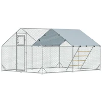 PawHut Galinheiro para Exterior 3x4 m Galinheiro de Aço Galvanizado com Comedouro Suspenso Tipo Espeto Poleiro Anti-UV Prata(m-1)