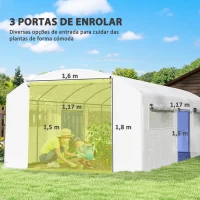 Outsunny Estufa tipo Túnel 6x3x2 m Estufa de Exterior com 4 Janelas de Malha Cobertura de PE Anti UV e 3 Portas Enroláveis Branco(m-4)