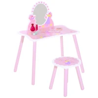 HOMCOM Toeletta per Bambini con Sgabello in Legno, Tavolo Trucco con Specchio Moderno e Cassetto, 59L x 39P x 77A cm, Rosa(m-10)