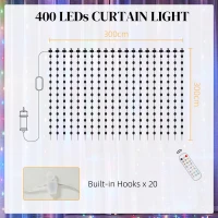 HOMCOM Zasłona z 400 diodami LED, dynamiczne łańcuchy świetlne z synchronizacją muzyczną do sypialni, salonów, 3 x 3 m(m-3)