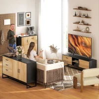 HOMCOM Bufet Modern de  Depozitare cu 3 Dulapuri și 2 Sertare din Pal Melaminat și Oțel, 80x35x88 cm, Lemn Natural(m-9)