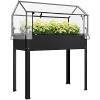 Outsunny Verhoogde Tuinbak met Kasdak, Verhoogde Plantenbak met Afvoergaten, 100 x 48 x 124 cm, Zwart(m-10)