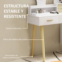 HOMCOM Tocador con Espejo y Luces LED Ajustables con 5 Cajones 4 Compartimentos y 1 Estante 100x44x137 cm Blanco y Natural(m-6)