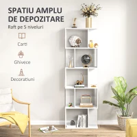 HOMCOM Raft pentru Cărți cu 5 Rafturi Separate, Bibliotecă în Formă de S din Lemn, 60x24x184,5 cm, Alb(m-4)
