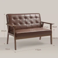 HOMCOM Sofá de 2 Lugares Estofado em Couro PU com Apoio para os Braços de Madeira para Sala de Estar Dormitório115x70x81 cm Marrom(m-3)