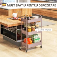 HOMCOM Cărucior de Bucătărie cu 3 Nivele, Mânere și 4 Roți, 45x30,6x79 cm, Roz(m-4)