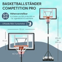 HOMCOM Basketballkorb Outdoor mit Ständer, 255–305cm Höhenverstellbar Basketballständer mit Rollen, Basketball-Backboard Ständer, Basketballanlage, Stahl(m-4)