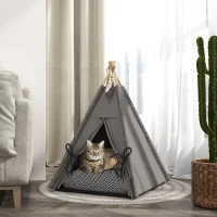 PawHut Tipi Tent voor Huisdieren, Huisdierbed in Tipi-stijl, Kattenzelt met Kussen, Hondenbed om te Slapen, Kattenbed, Grijs(m-2)