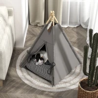 PawHut Tipi Tent voor Huisdieren, Huisdierbed in Tipi-stijl, Kattenzelt met Kussen, Hondenbed om te Slapen, Kattenbed, Grijs(m-9)