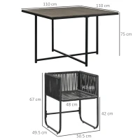 Outsunny Set de Gradina 5 Bucati din Ratan PE si Otel, 4 Scaune de Exterior cu Perne Capitonate si Masa Dreptunghiulara cu Blat din Plastic, Negru si Gri(m-3)