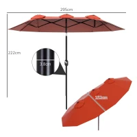 Outsunny Umbrela de soare de gradina basculabila dubla cu deschidere cu manivela, copertina cu orificii de ventilatie si 12 nervuri, 295x152x222cm, rosu(m-3)